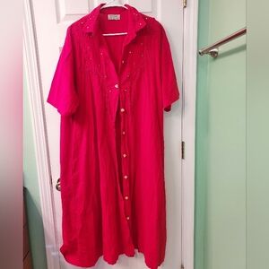 Vintage L.A. Dawn California Red Summer Shirt Dress Size 18 EUC Beads Embroidery